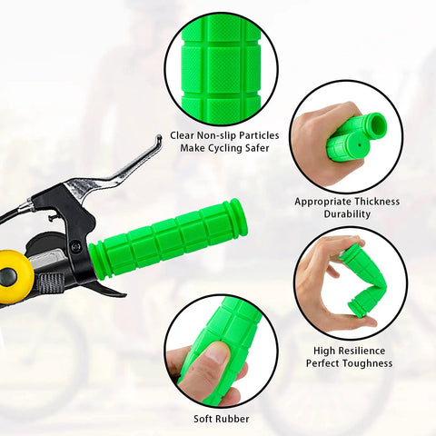 Green non-slip handlebar grip in focus with text highlights and bike brake handle Six Pieces Premium Non Slip Bike Handlebar Grips Set