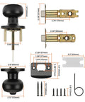 Six Pack Matte Black Interior Privacy Door Knobs set with hardware, measurements shown, for bedroom or bathroom doors.