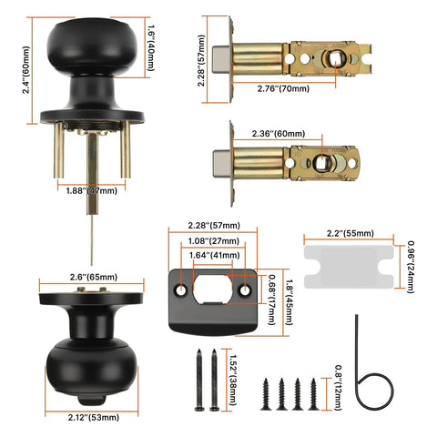 Six Pack Matte Black Interior Privacy Door Knobs set with hardware, measurements shown, for bedroom or bathroom doors.