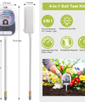 4 In 1 Soil Test Kit With Moisture Meter PH Meter Fertility And Sunlight Meter For Indoor Outdoor Gardening Lawn And Farm Large Dial Reader No Battery Needed Fast At A Glance Readouts showing product specifications and use in garden.