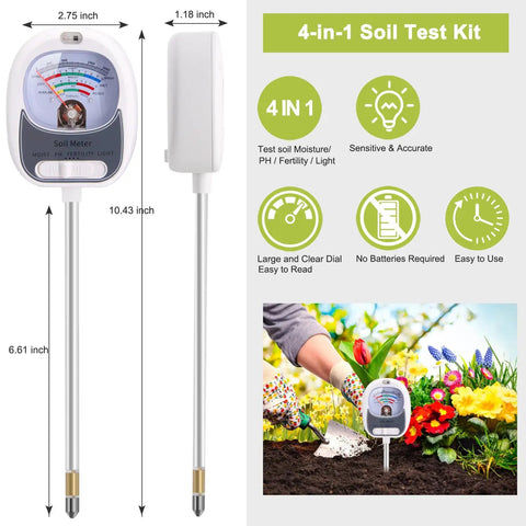 4 In 1 Soil Test Kit With Moisture Meter PH Meter Fertility And Sunlight Meter For Indoor Outdoor Gardening Lawn And Farm Large Dial Reader No Battery Needed Fast At A Glance Readouts showing product specifications and use in garden.