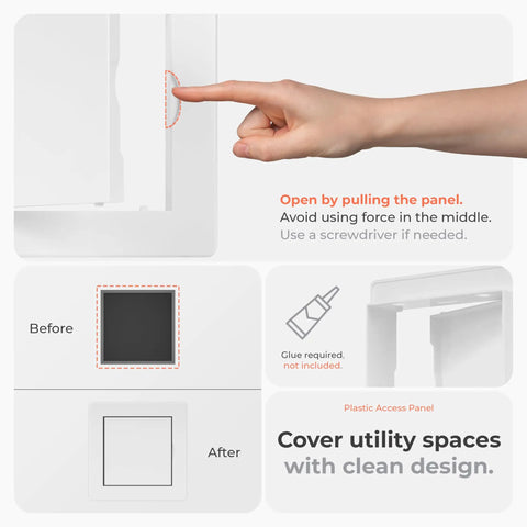 4 X 4 White Square Access Panel For Drywall Made From Tough Abs Plastic With A No Sweat Setup That Drops Right In Fast, showing installation steps.