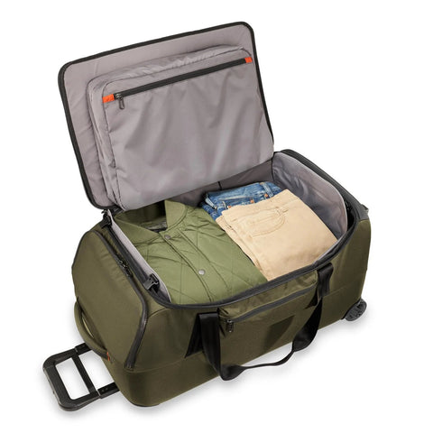 Front view of a 27-inch olive green softside rolling duffle bag, opened to reveal gray interior and folded clothes.