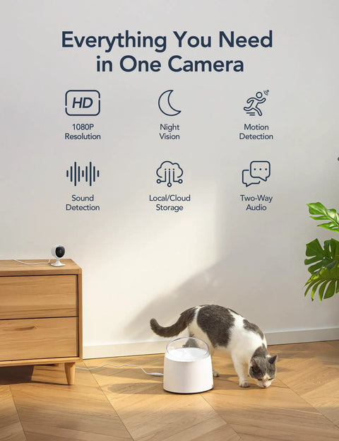 2.4GHz Indoor Security Camera System 1080P Home Surveillance Kit with features list on wall, cat near furniture