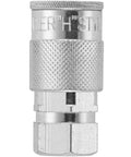Top Shelf High Flow 3/8 Inch FNPT Pneumatic Coupler Built Tough For Daily Shop Work Quick Connect Air Line Fitting 300 Psi Rating Made In USA showing silver steel connectors.