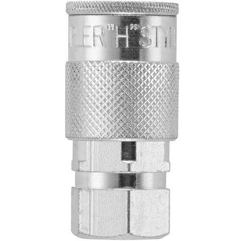 Top Shelf High Flow 3/8 Inch FNPT Pneumatic Coupler Built Tough For Daily Shop Work Quick Connect Air Line Fitting 300 Psi Rating Made In USA showing silver steel connectors.