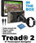 Tread 2 Powersport Navigator with 6 inch glove-friendly display and accessories including mount and cables.