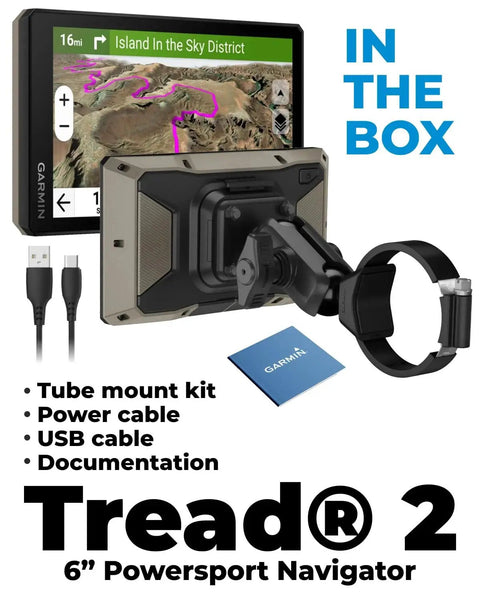 Tread 2 Powersport Navigator with 6 inch glove-friendly display and accessories including mount and cables.