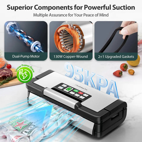 All In One Vacuum Sealer With AquaLock Technology for moist or dry foods showing dual-pump motor, copper-wound, and upgraded gaskets