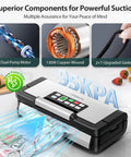 95kPa Vacuum Sealer With AquaLock Technology showing dual-pump, copper-wound motor and upgraded gaskets on kitchen counter