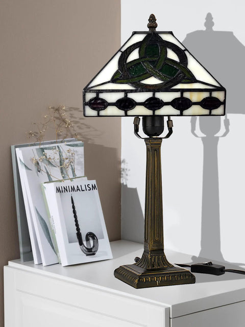 Irish Tiffany Style Table Lamp With Stained Glass Shade, Bronze Metal Base, E26 Bulb Holder, 18 Inch Tall, 12 Inch Shade