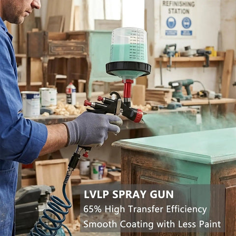 Pro Grade LVLP Spray Gun With Easy Swap 1.3 1.5 1.7 2.0 Mm Tips Plus Ten Disposable Cups Rock Strong Forged Aluminum Body in use