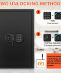 Beefy Extra Large Home Safe With Digital Keypad 5 Cu Ft Capacity showcasing two unlocking methods with instructions