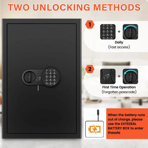 Beefy Extra Large Home Safe With Digital Keypad 5 Cu Ft Capacity showcasing two unlocking methods with instructions