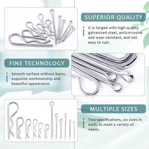 Zinc Plated Steel Cotter Pin Hair Pin R Clip Fastener Assortment Kit with multiple sizes for hitch pin lock system, automotive use