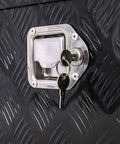 Close-up of key lock on Straight Shooting Beefy 40 Gallon Parts Washer In Steel Blue With Powder Coated Steel Frame.
