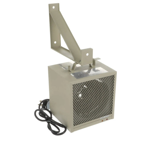 HF5848TC Beefy Garage And Workshop Portable Heater with fan, wall bracket, thermostat, and 30A cordset shown from side