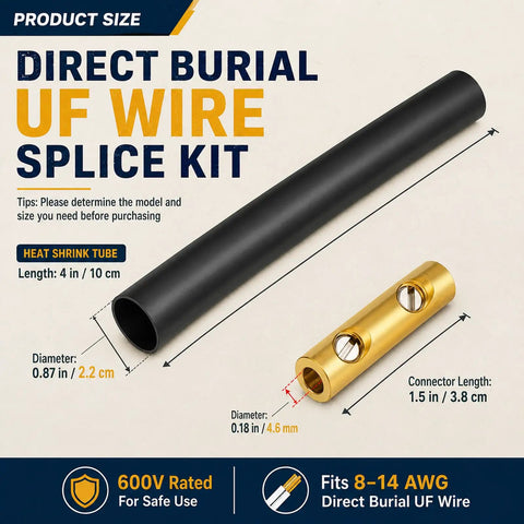 Hot Wire Underground Splice Kit With Heat Shrink Tubes Fixes 14-8 AWG UF Cable Directly Burial Rated Safe At 600V For Outdoor And Landscape Lighting Repair Jobs Done Right. product size view with 4 in heat shrink tube and brass connector
