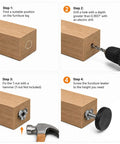 Step by step installation guide for Heavy Duty Adjustable Furniture Levelers 12 Pack with T-nut and drill action.
