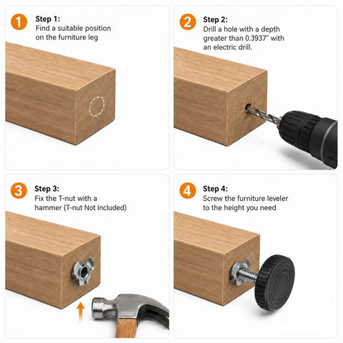 Step by step installation guide for Heavy Duty Adjustable Furniture Levelers 12 Pack with T-nut and drill action.