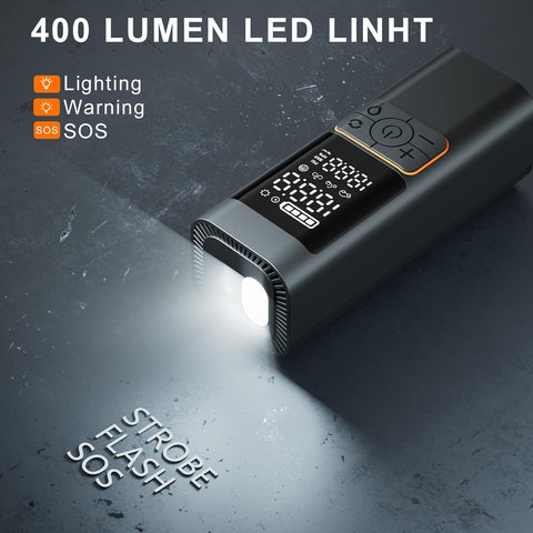 Portable Cordless Tire Inflator With 6000mAh Battery And Digital Pressure Gauge Up To 180 PSI showing LED Light Functionality