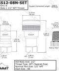 Heavy Duty 1/2 Inch NPT Stainless Steel ISO 7241B Quick Disconnect Hydraulic Coupler Set with specifications and dimensions.