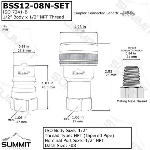 Heavy Duty 1/2 Inch NPT Stainless Steel ISO 7241B Quick Disconnect Hydraulic Coupler Set with specifications and dimensions.