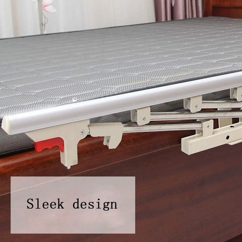 Close-up of foldable bed rail safety side guard with champagne aluminum alloy, sleek design attachment detail.
