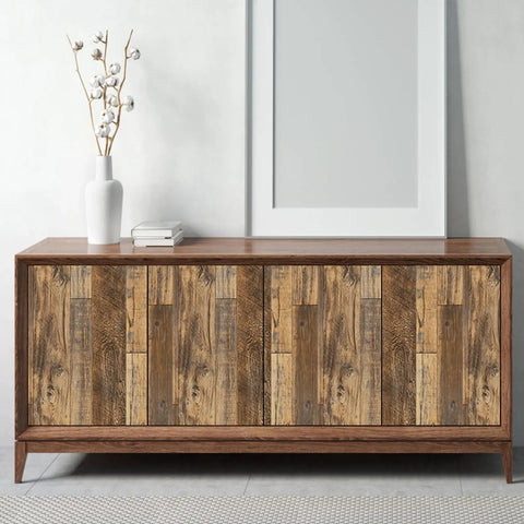 17.71 In By 118 In Distressed Wood Plank Peel And Stick Wallpaper on cabinet doors for a rustic shiplap look