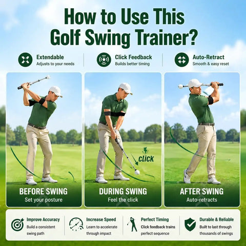Golf swing demonstration with Pop Feedback Retractable Golf Swing Trainer With Click Timing Feedback And Tempo Stick For Right Handed Golfers