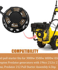 Recoil Starter for 196cc-224cc engines with pull cord fits Predator generators and pressure washers, shown with lawn equipment.