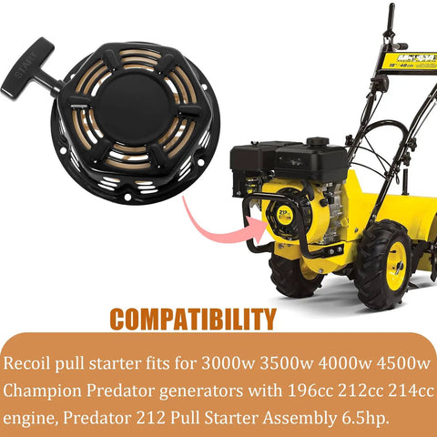 Recoil Starter for 196cc-224cc engines with pull cord fits Predator generators and pressure washers, shown with lawn equipment.