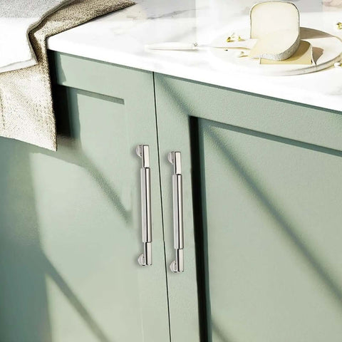 Heavy Duty 10 Pack Six Inch Hole Center Cabinet Pulls Polished Nickel Zinc Alloy Handles on green kitchen cabinet