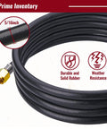 Close-up of six-foot propane hose with regulator for grills and fire pits, go-to three eighths inch female flare, five sixteenths inch diameter hose, weather-resistant black rubber.