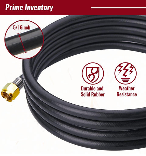 Close-up of six-foot propane hose with regulator for grills and fire pits, go-to three eighths inch female flare, five sixteenths inch diameter hose, weather-resistant black rubber.