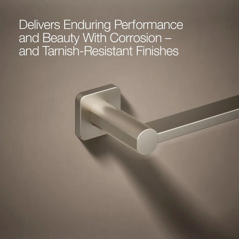 Parallel 18 Inch Towel Bar In Vibrant Brushed Nickel Finish For A Cool Modern Bathroom Vibe Durable Stainless Steel Wall Mounted Towel Holder With Clean Lines And Everyday Convenience, showcasing corrosion resistance.