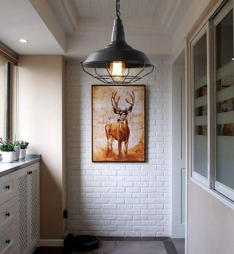 Black Farmhouse Pendant Light Dope Two Pack Industrial Vintage Hanging Lights With Wire Cage in a hallway setting