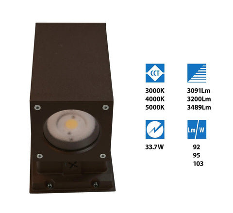 Square LED Outdoor Wall Mount Up and Down Light 33W 5000K Bronze DLC Listed 3,489 Lumens UL Wet Location front view