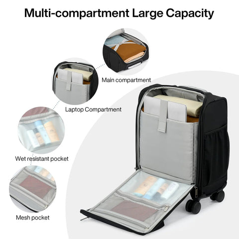underseat carry-on luggage 16 inch with compartments showcasing laptop sleeve, main compartment, and mesh pockets