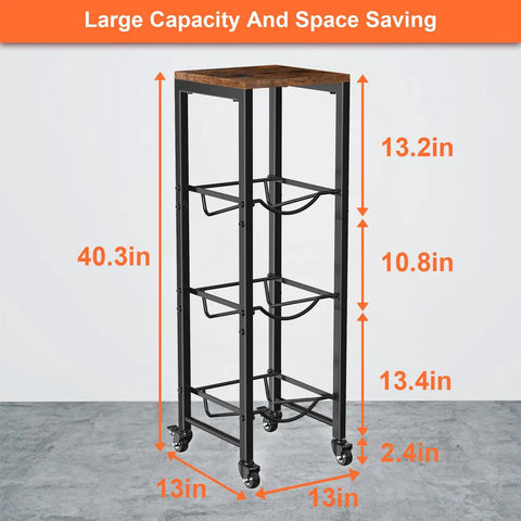 Heavy Duty Workhorse Three Tier Water Bottle Holder Holds Five Gallon Jugs Rolls Smooth On Lockable Casters With Rust Resistant Steel And Solid Wood Top Shelf Knocks Out Clutter In Any Garage