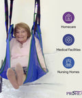 ProHeal Portable Electric Patient Lift With 4 Point Spreader Bar For Home Care Or Facility Use Fits Under Beds And Into Trunks Supports 350 Pounds Weight Capacity For Easy Mobility Transfers Safety First, showing a senior in a sling on a bed.