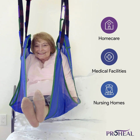 ProHeal Portable Electric Patient Lift With 4 Point Spreader Bar For Home Care Or Facility Use Fits Under Beds And Into Trunks Supports 350 Pounds Weight Capacity For Easy Mobility Transfers Safety First, showing a senior in a sling on a bed.