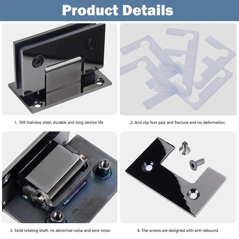 Rock Solid Glass Shower Hinges 2 Pack 90 Degree Built Like a Tank 304 Stainless Steel Brushed Finish, detailed view showing components.