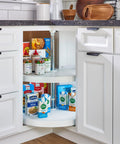 Smooth Spinning Two Tier Pie Cut Plastic Lazy Susan For Corner Base Cabinets 28 Inch Wide showing organized pantry goods in white cabinet