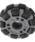 Front view of 100mm double plastic omni wheel with rubber rollers and gray hub