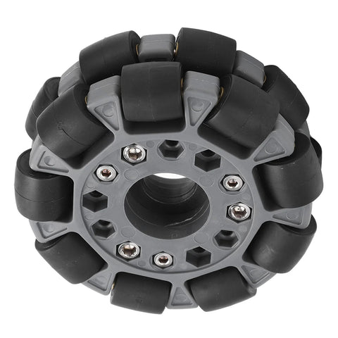 Front view of 100mm double plastic omni wheel with rubber rollers and gray hub