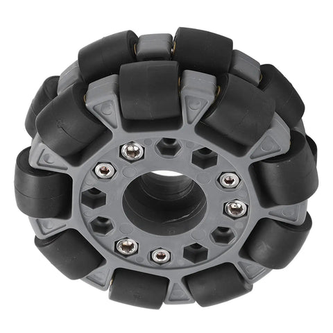100mm Double Plastic Omnidirectional Wheel For Robotic Platforms Beefed Up Nylon Core With Rubber Rollers And Brass Tube Bearings 20kg Carrying Capacity Replacement Kit For Robot Racing And DIY Builds front view