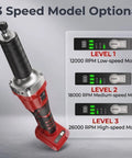 Workhorse Brushless Cordless Die Grinder Compatible With Milwaukee 18V Batteries variable speed control showing low, medium, and high settings.