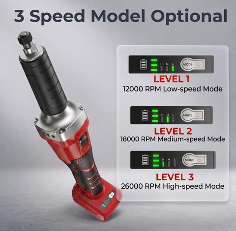 Workhorse Brushless Cordless Die Grinder Compatible With Milwaukee 18V Batteries variable speed control showing low, medium, and high settings.