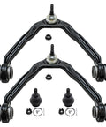 Front suspension kit with two black curved control arms, ball joints, bushings, and mounting hardware